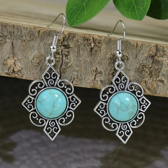 BJ Glamorous Vintage Style Floral Turquoise Gems Retro Necklace/Earring Set - Picture 3 of 7